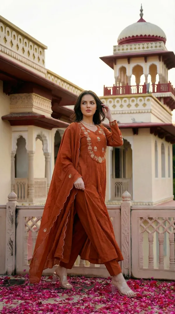 Brown_Chanderi_Silk_Embroidered_Kurti_With_Pant_And_Dupatta_For_Women