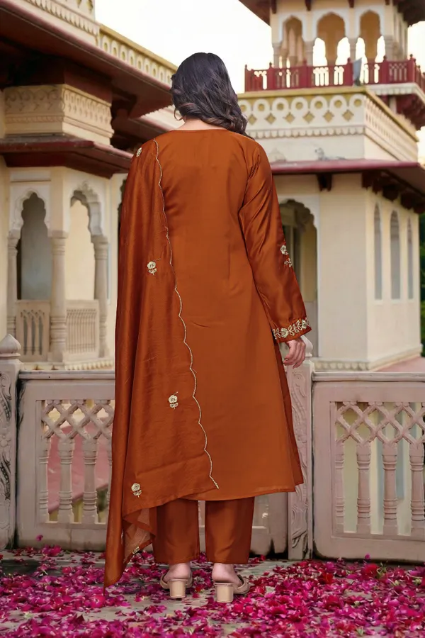 Brown_Chanderi_Silk_Embroidered_Kurti_With_Pant_And_Dupatta_For_Women