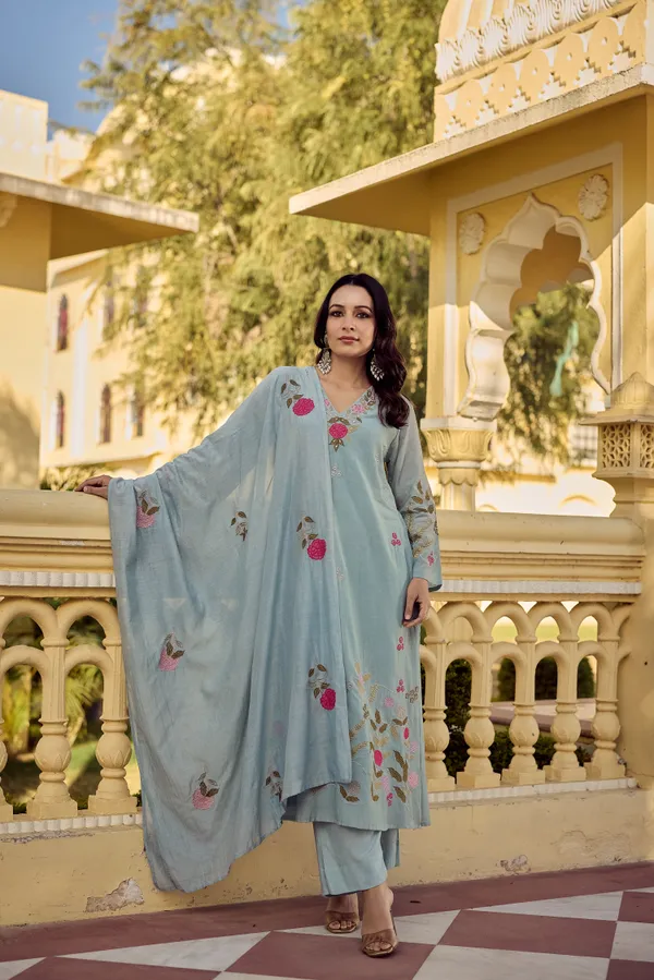 Blue_Chanderi_Silk_Embroidered_Kurti_With_Pant_And_Dupatta_For_Women