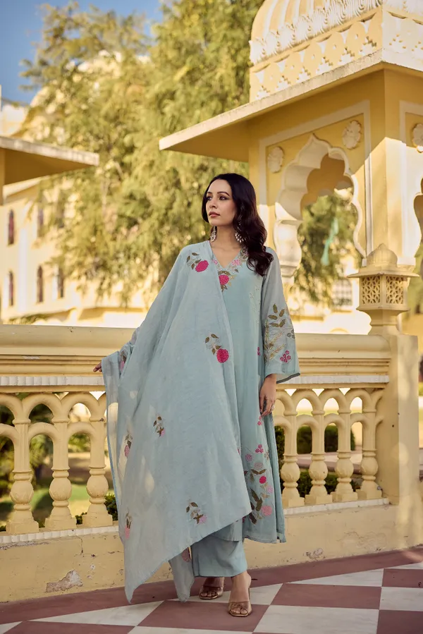 Blue_Chanderi_Silk_Embroidered_Kurti_With_Pant_And_Dupatta_For_Women