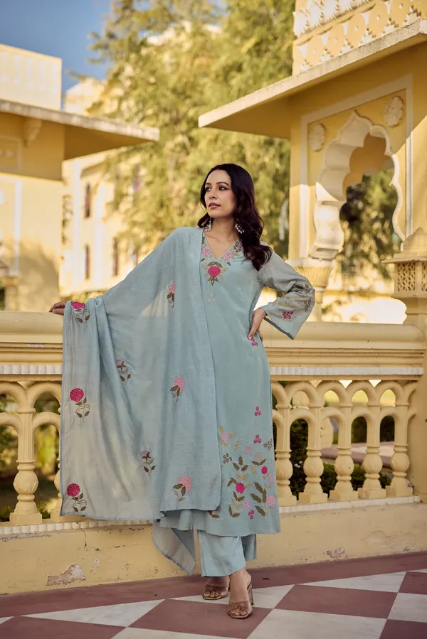 Blue_Chanderi_Silk_Embroidered_Kurti_With_Pant_And_Dupatta_For_Women