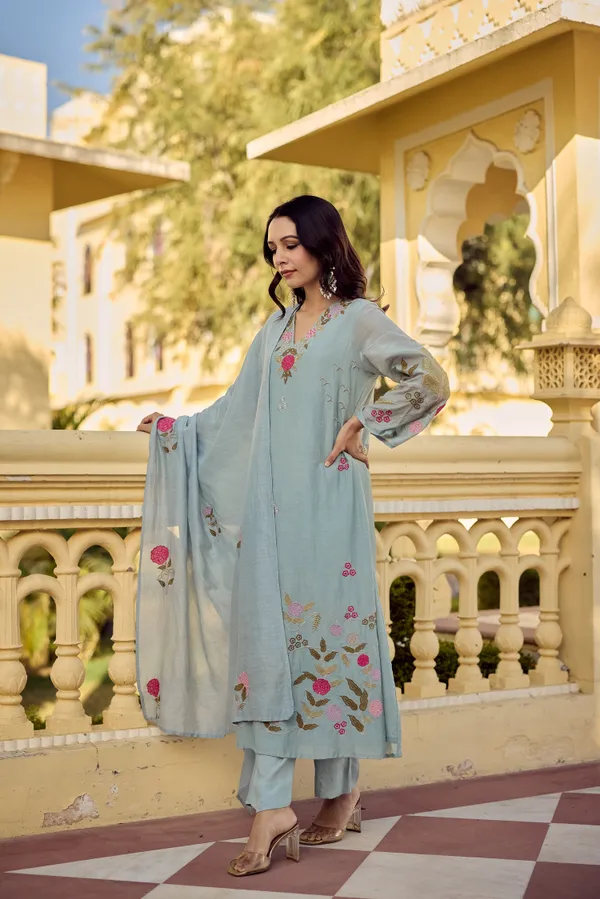 Blue_Chanderi_Silk_Embroidered_Kurti_With_Pant_And_Dupatta_For_Women