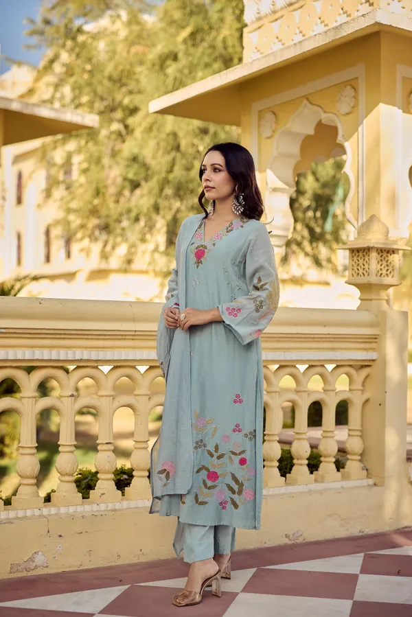 Blue_Chanderi_Silk_Embroidered_Kurti_With_Pant_And_Dupatta_For_Women