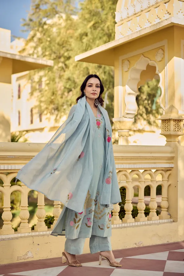 Blue_Chanderi_Silk_Embroidered_Kurti_With_Pant_And_Dupatta_For_Women