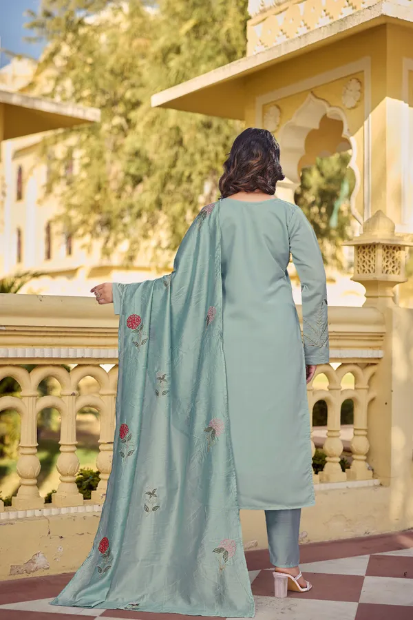 Blue_Chanderi_Silk_Embroidered_Kurti_With_Pant_And_Dupatta_For_Women