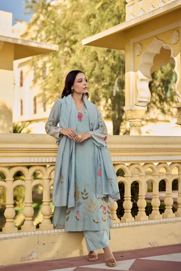 Blue_Chanderi_Silk_Embroidered_Kurti_With_Pant_And_Dupatta_For_Women