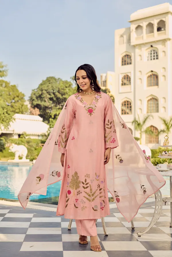 Peach_Chanderi_Silk_Embroidered_Kurti_With_Pant_And_Dupatta_For_Women
