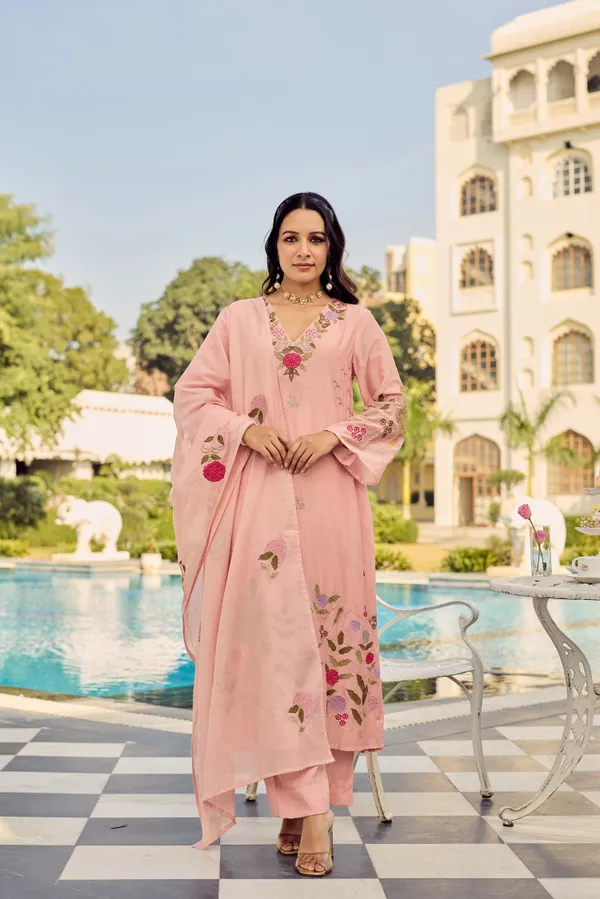 Peach_Chanderi_Silk_Embroidered_Kurti_With_Pant_And_Dupatta_For_Women