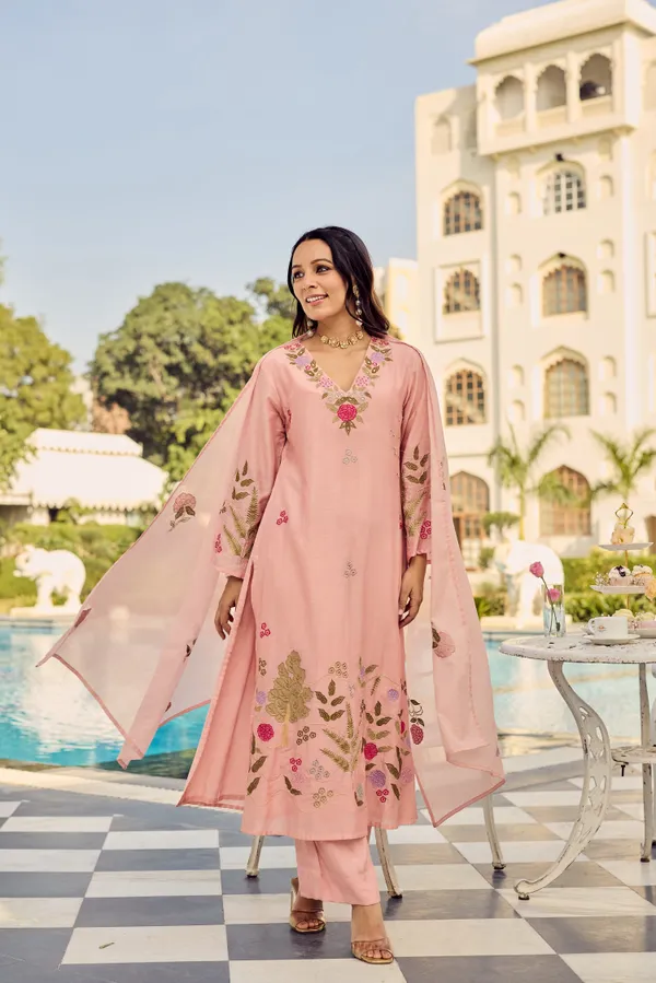 Peach_Chanderi_Silk_Embroidered_Kurti_With_Pant_And_Dupatta_For_Women