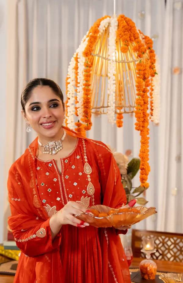 Orange_Chanderi_Silk_Embroidered_Kurti_With_Pant_And_Dupatta_For_Women