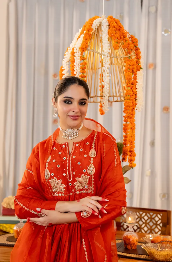Orange_Chanderi_Silk_Embroidered_Kurti_With_Pant_And_Dupatta_For_Women