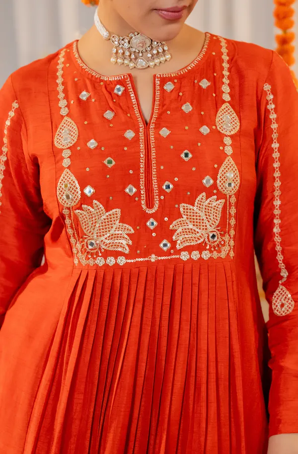 Orange_Chanderi_Silk_Embroidered_Kurti_With_Pant_And_Dupatta_For_Women