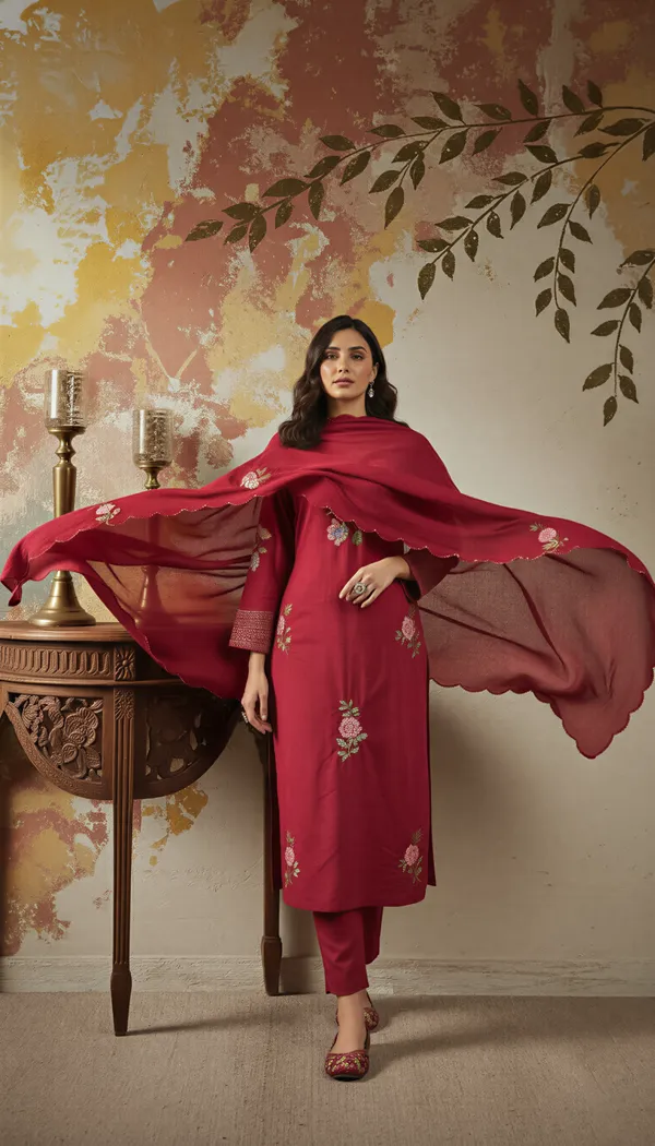 Red_Chanderi_Silk_Embroidered_Kurti_With_Pant_And_Dupatta_For_Women