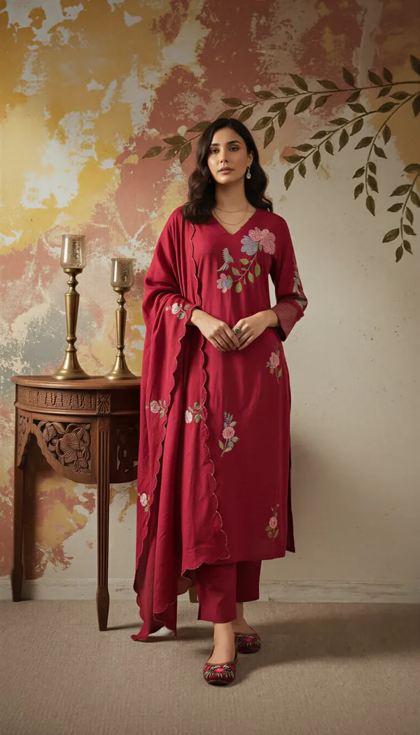 Red_Chanderi_Silk_Embroidered_Kurti_With_Pant_And_Dupatta_For_Women