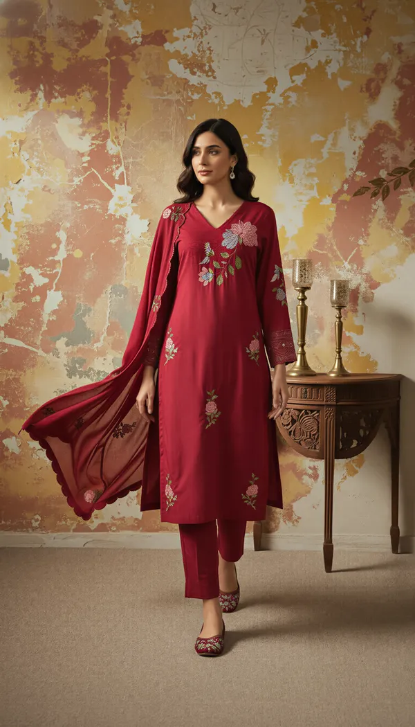 Red_Chanderi_Silk_Embroidered_Kurti_With_Pant_And_Dupatta_For_Women