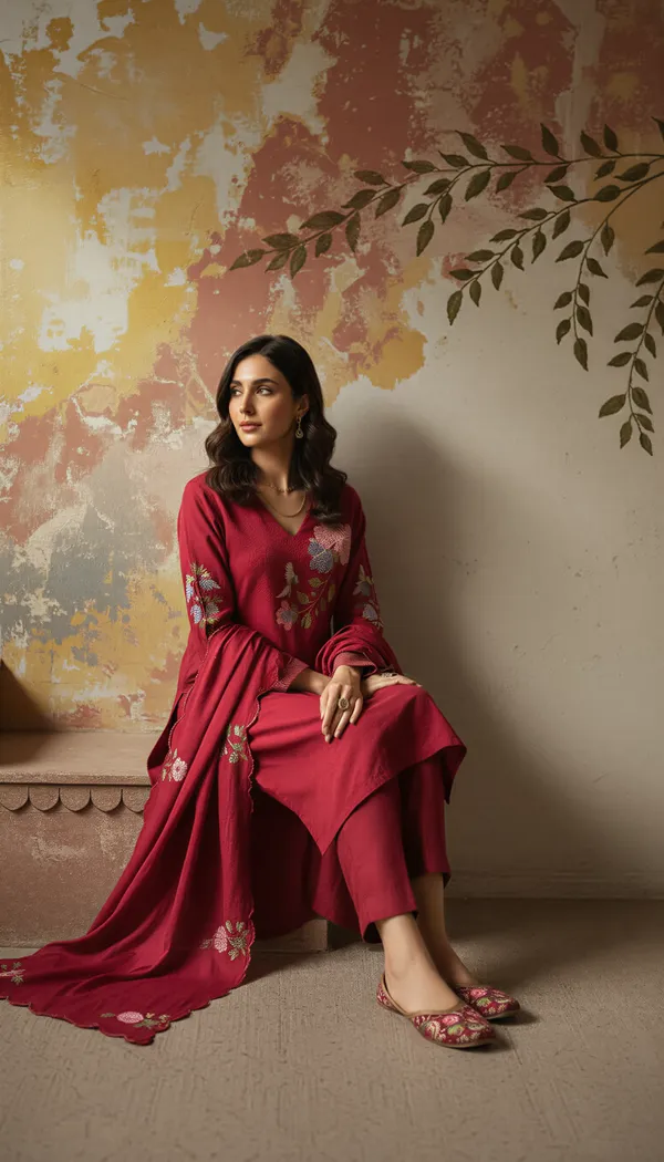 Red_Chanderi_Silk_Embroidered_Kurti_With_Pant_And_Dupatta_For_Women