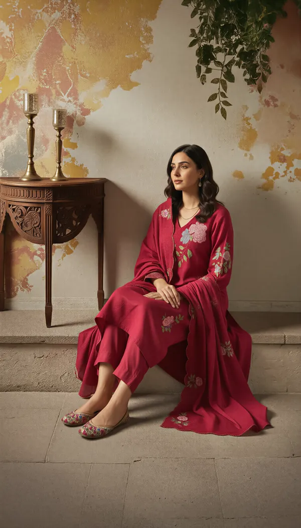 Red_Chanderi_Silk_Embroidered_Kurti_With_Pant_And_Dupatta_For_Women