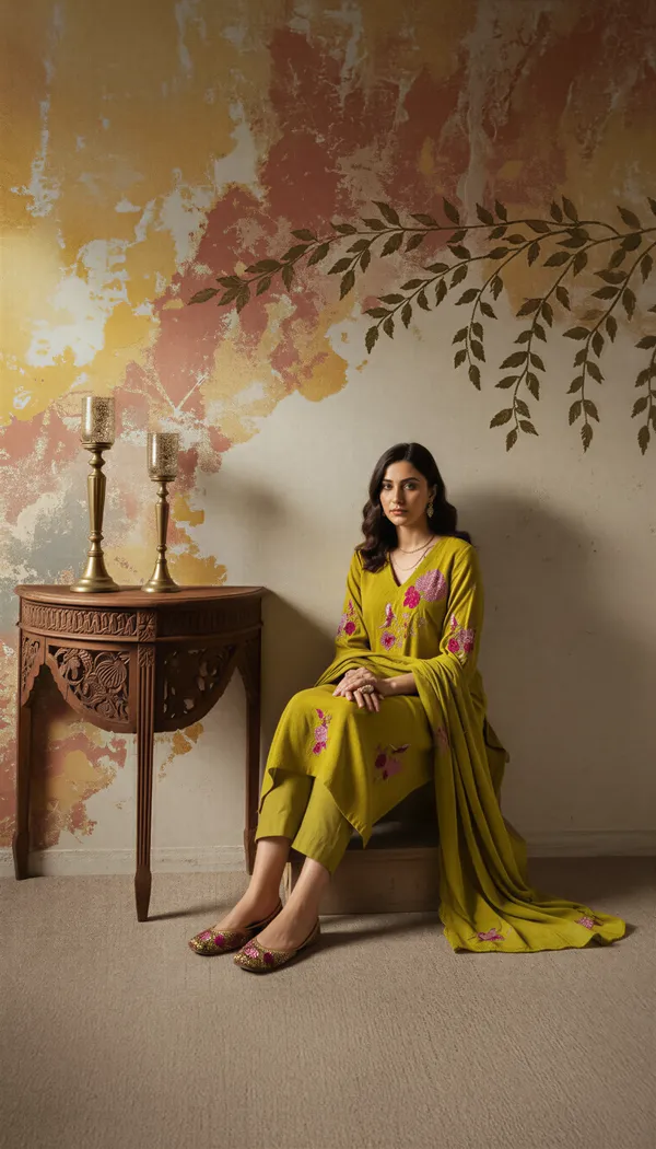 Yellow_Chanderi_Silk_Embroidered_Kurti_With_Pant_And_Dupatta_For_Women