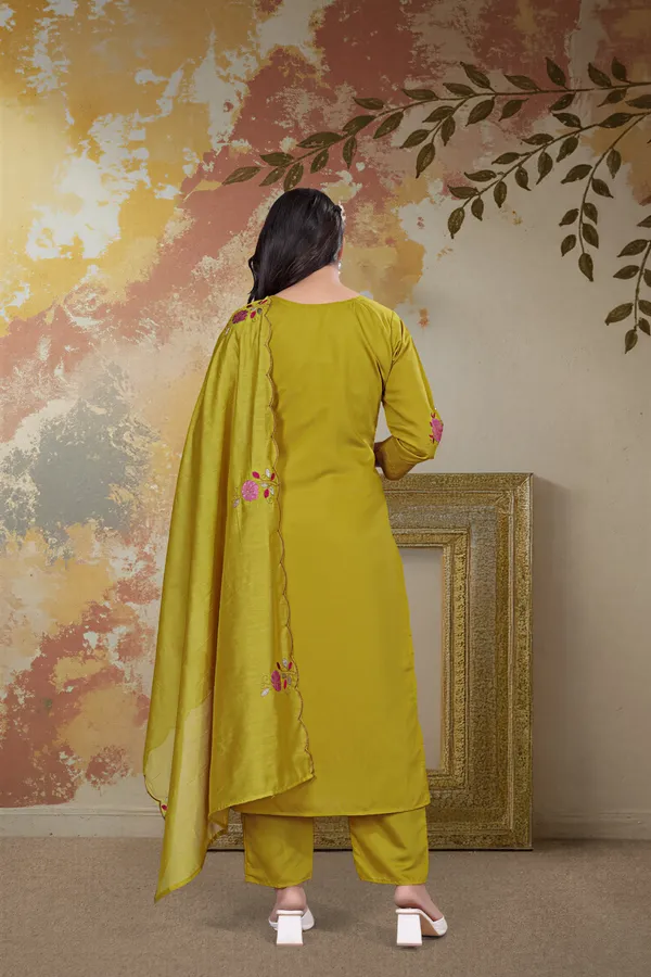 Yellow_Chanderi_Silk_Embroidered_Kurti_With_Pant_And_Dupatta_For_Women