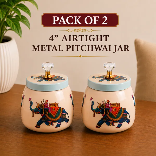 THE_HOMEROOTS_Metal_Pichwai_Airtight_Jar_Set_of_2_(4")_with_Crystal_Lid_Knob_|_Decorative_Dry_Fruit,_Mukhwas_&_Candy_Storage_Containers_|_Traditional_Elephant_Design_Multipurpose_Home_Décor_Jars_for_Dining_&_Living_Room
