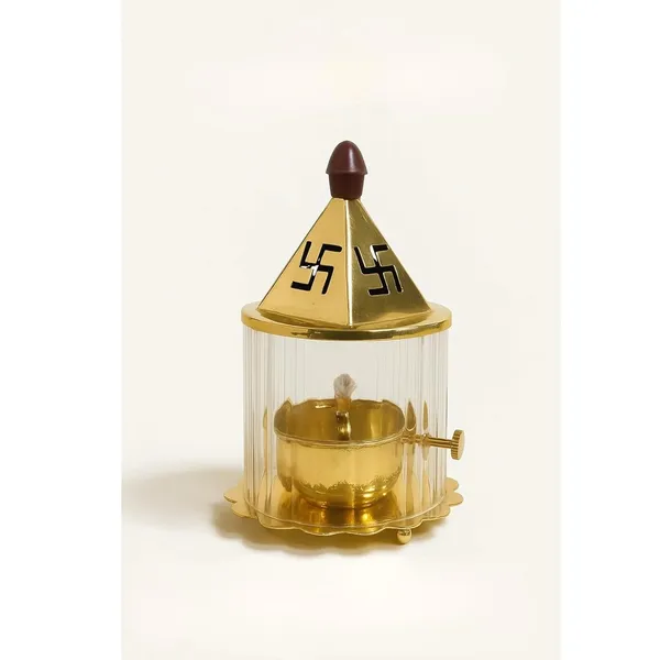 THE_HOMEROOTS_Brass_Akhand_Diya_with_Temple_Top_Shape_&_Glass_Cover_|_Brass_Oil_Lamp_with_Swastik_Design_&_Brass_Base_for_Home_Temple,_Mandir,_Pooja_Room_|_Traditional_Deepam_for_Diwali,_Lakshmi_Puja,_Navratri_&_Daily_Worship