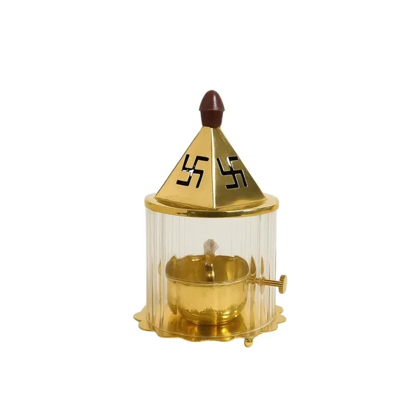 THE_HOMEROOTS_Brass_Akhand_Diya_with_Temple_Top_Shape_&_Glass_Cover_|_Brass_Oil_Lamp_with_Swastik_Design_&_Brass_Base_for_Home_Temple,_Mandir,_Pooja_Room_|_Traditional_Deepam_for_Diwali,_Lakshmi_Puja,_Navratri_&_Daily_Worship