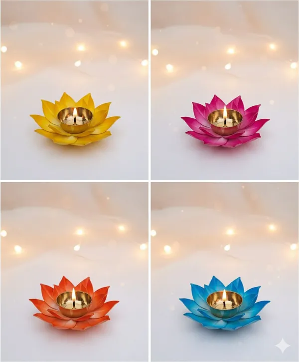THE_HOMEROOTS_Lotus_Brass_Table_Diya_|_Blue_Flower_Design_Oil_Lamp_For_Puja_&_Home_Decor_Brass_Table_Diya_(Height:_2_Inch)_-_Pack_Of_2