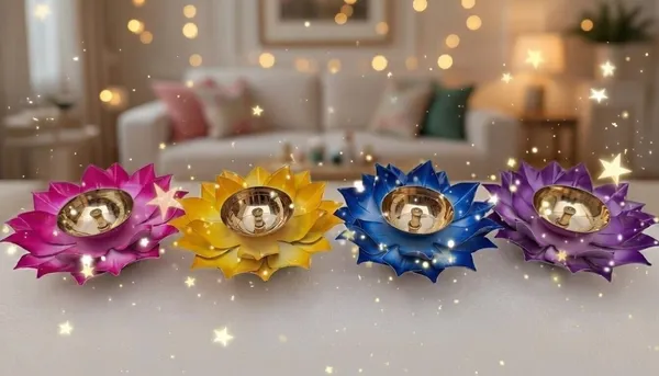 THE_HOMEROOTS_Lotus_Brass_Diya_Set_Pink_&_Yellow_Floral_Oil_Lamps_For_Puja_Brass_(Pack_Of_4)_Table_Diya_Set_(Height:_2_Inch)