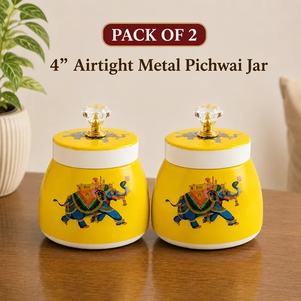 THE_HOMEROOTS_Airtight_Metal_Pichwai_Jar_Set_of_2_(4")_|_Decorative_Dry_Fruit_Container_with_Crystal_Knob_Lid_|_Elephant_Design_Storage_Jar_for_Mukhwas,_Candy,_Chocolates_&_Snacks_|_Festive_Gift_&_Home_Décor