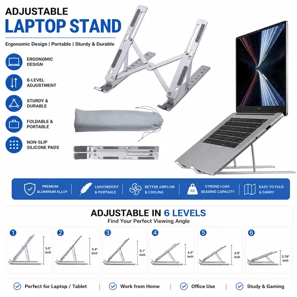 THE_HOMEROOTS_Adjustable_Aluminum_Laptop_Stand_for_Desk_|_Foldable_Portable_Laptop_Riser_|_6-Level_Height_Adjustable_Ergonomic_Notebook_Stand_|_Non-Slip_Cooling_Holder_for_MacBook,_HP,_Dell,_Lenovo,_ASUS_(Silver)Computer_Stand_for_Laptops,_Notebooks_&_Tablets