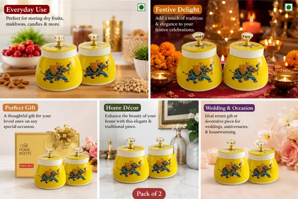 THE_HOMEROOTS_Airtight_Metal_Pichwai_Jar_Set_of_2_(4")_|_Decorative_Dry_Fruit_Container_with_Crystal_Knob_Lid_|_Elephant_Design_Storage_Jar_for_Mukhwas,_Candy,_Chocolates_&_Snacks_|_Festive_Gift_&_Home_Décor