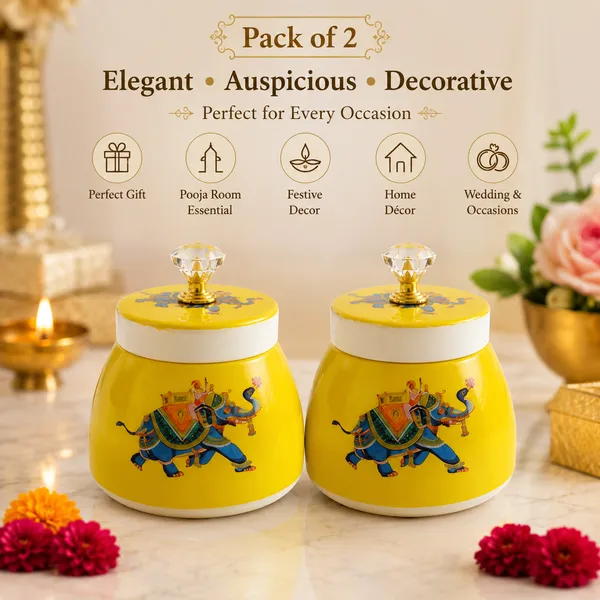THE_HOMEROOTS_Airtight_Metal_Pichwai_Jar_Set_of_2_(4")_|_Decorative_Dry_Fruit_Container_with_Crystal_Knob_Lid_|_Elephant_Design_Storage_Jar_for_Mukhwas,_Candy,_Chocolates_&_Snacks_|_Festive_Gift_&_Home_Décor