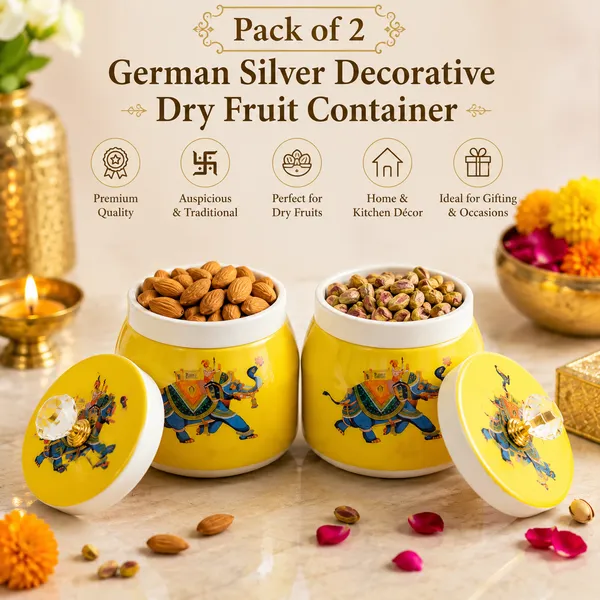 THE_HOMEROOTS_Airtight_Metal_Pichwai_Jar_Set_of_2_(4")_|_Decorative_Dry_Fruit_Container_with_Crystal_Knob_Lid_|_Elephant_Design_Storage_Jar_for_Mukhwas,_Candy,_Chocolates_&_Snacks_|_Festive_Gift_&_Home_Décor