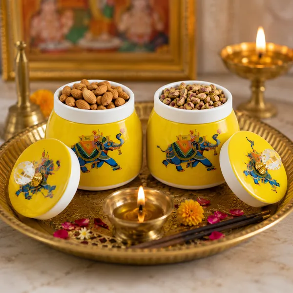 THE_HOMEROOTS_Airtight_Metal_Pichwai_Jar_Set_of_2_(4")_|_Decorative_Dry_Fruit_Container_with_Crystal_Knob_Lid_|_Elephant_Design_Storage_Jar_for_Mukhwas,_Candy,_Chocolates_&_Snacks_|_Festive_Gift_&_Home_Décor