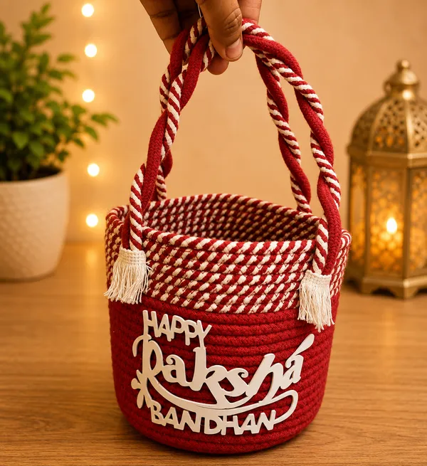 THE_HOMEROOTS_Handmade_Jute_Cotton_Rope_Raksha_Bandhan_Gift_Basket_with_Handle_|_Decorative_Gift_Hamper_Basket_for_Rakhi_Gifts,_Chocolates,_Dry_Fruits_&_Return_Gifts_|_Reusable_Storage_Organizer_|_Red_&_White_|_Pack_of_1