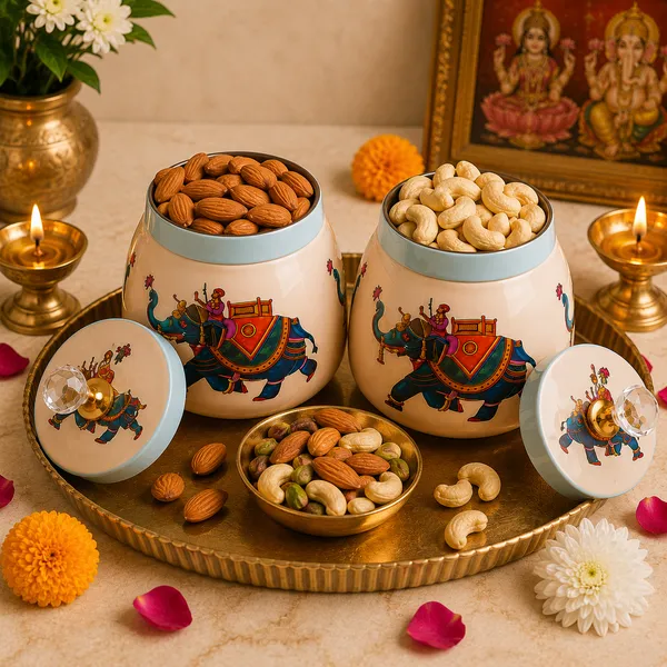 THE_HOMEROOTS_Metal_Pichwai_Airtight_Jar_Set_of_2_(4")_with_Crystal_Lid_Knob_|_Decorative_Dry_Fruit,_Mukhwas_&_Candy_Storage_Containers_|_Traditional_Elephant_Design_Multipurpose_Home_Décor_Jars_for_Dining_&_Living_Room