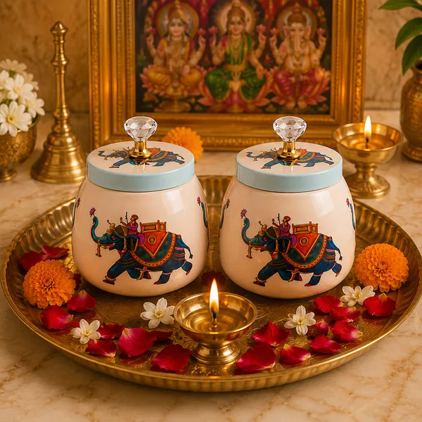 THE_HOMEROOTS_Metal_Pichwai_Airtight_Jar_Set_of_2_(4")_with_Crystal_Lid_Knob_|_Decorative_Dry_Fruit,_Mukhwas_&_Candy_Storage_Containers_|_Traditional_Elephant_Design_Multipurpose_Home_Décor_Jars_for_Dining_&_Living_Room