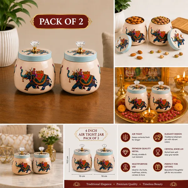 THE_HOMEROOTS_Metal_Pichwai_Airtight_Jar_Set_of_2_(4")_with_Crystal_Lid_Knob_|_Decorative_Dry_Fruit,_Mukhwas_&_Candy_Storage_Containers_|_Traditional_Elephant_Design_Multipurpose_Home_Décor_Jars_for_Dining_&_Living_Room