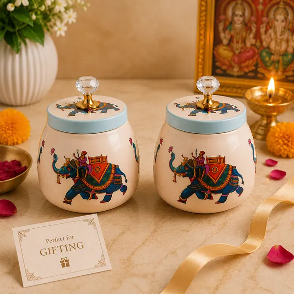 THE_HOMEROOTS_Metal_Pichwai_Airtight_Jar_Set_of_2_(4")_with_Crystal_Lid_Knob_|_Decorative_Dry_Fruit,_Mukhwas_&_Candy_Storage_Containers_|_Traditional_Elephant_Design_Multipurpose_Home_Décor_Jars_for_Dining_&_Living_Room