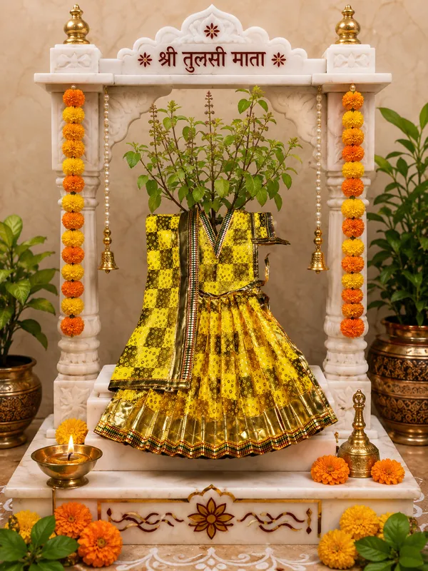 THE_HOMEROOTS_Tulsi_&_Parvati_Mata_Dress_Set_|_Traditional_Golden_Printed_Poshak_with_Dupatta_|_Decorative_Vastra_for_Tulsi_Vivah,_Parvati_Mata_Puja,_Home_Mandir_&_Festival_Decoration