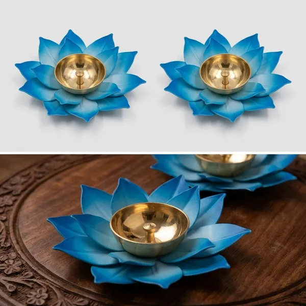 THE_HOMEROOTS_Lotus_Brass_Table_Diya_|_Blue_Flower_Design_Oil_Lamp_For_Puja_&_Home_Decor_Brass_Table_Diya_(Height:_2_Inch)_-_Pack_Of_2