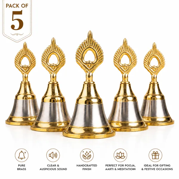 THE_HOMEROOTS_Mayur_Design_Brass_Hand_Bell_|_Traditional_Pooja_Ghanti_for_Mandir,_Temple,_Aarti_&_Daily_Worship_|_Decorative_Brass_Bell_with_Auspicious_Sound_|_Gold_Finish_|_Pack_of_5