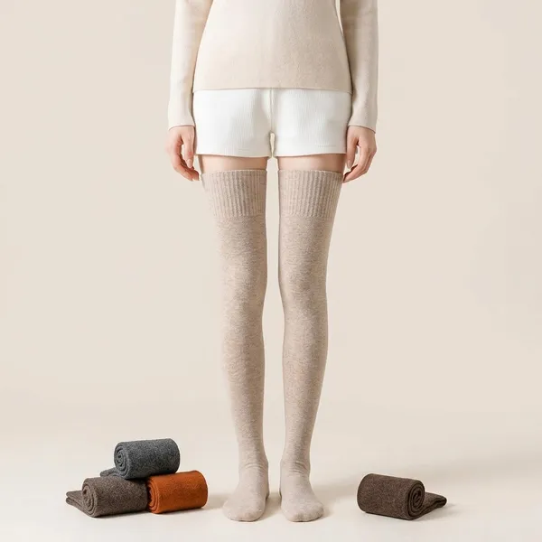 Beige_Cotton_Ribbed_Knee_High_Socks_For_Women