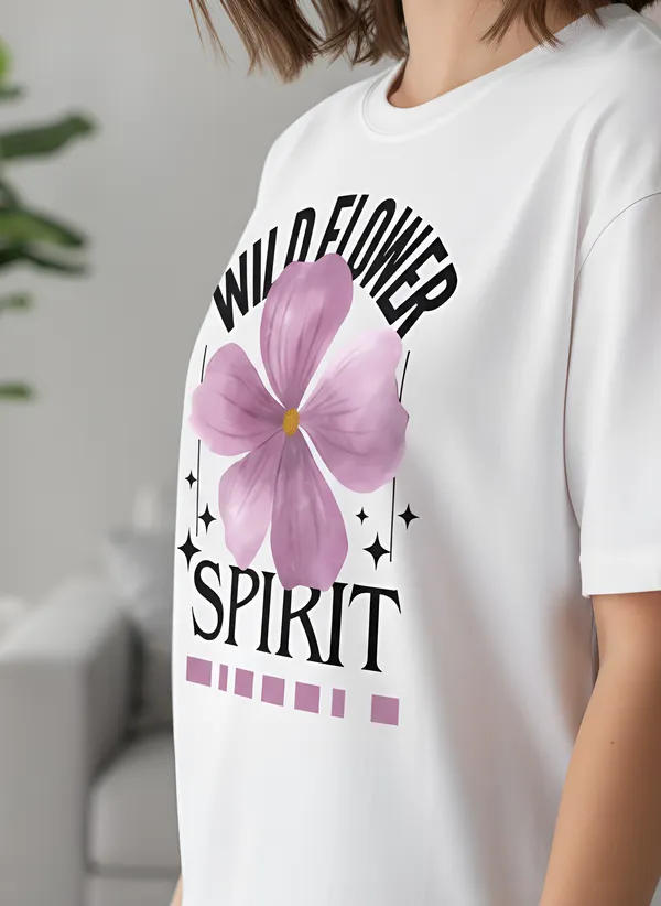 White_Wildflower_Spirit_Graphic_Print_Casual_T-Shirt_For_Women