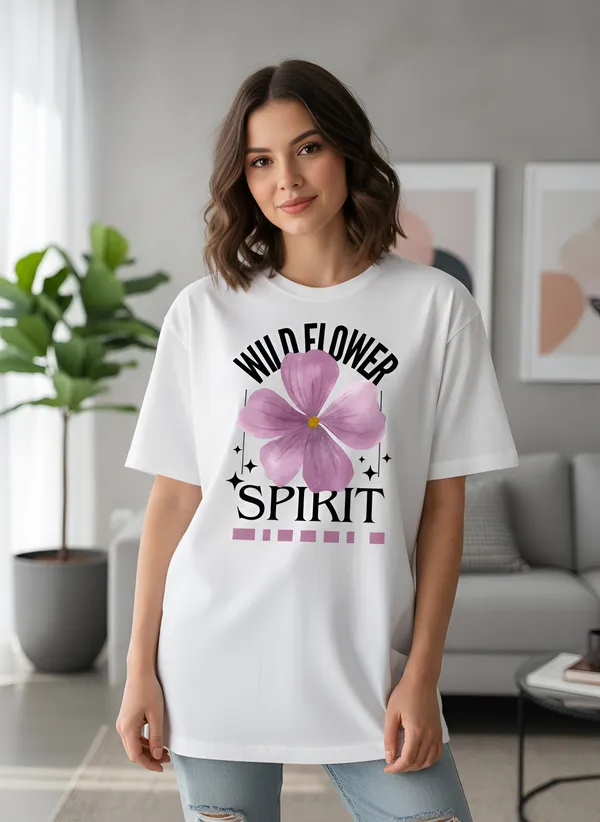 White_Wildflower_Spirit_Graphic_Print_Casual_T-Shirt_For_Women