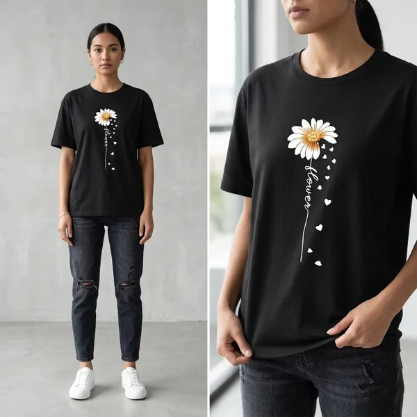 Black_French_Terry_Cotton_Flower_Graphic_Print_T-Shirt_For_Women