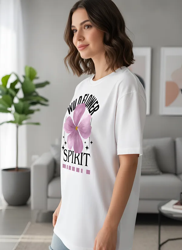White_Wildflower_Spirit_Graphic_Print_Casual_T-Shirt_For_Women
