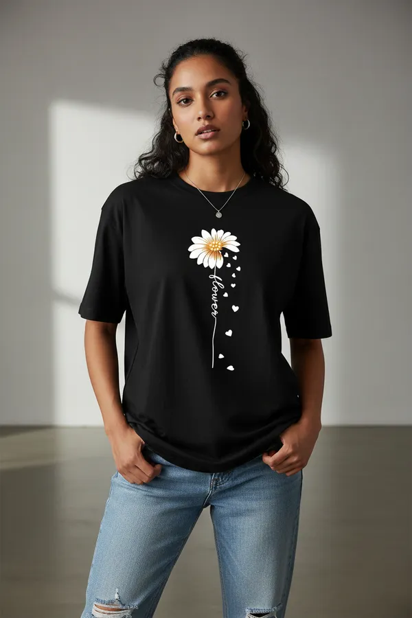 Black_French_Terry_Cotton_Flower_Graphic_Print_T-Shirt_For_Women