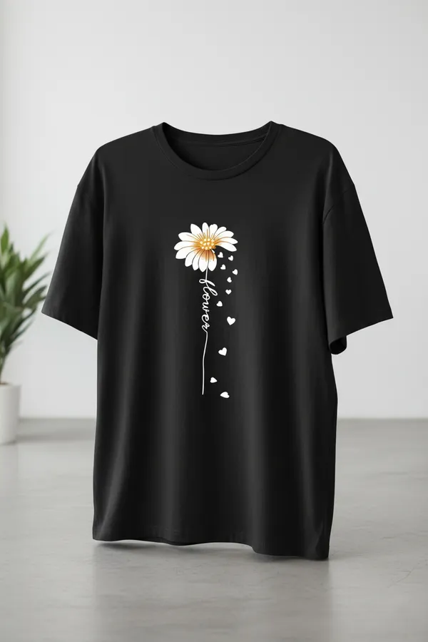 Black_French_Terry_Cotton_Flower_Graphic_Print_T-Shirt_For_Women