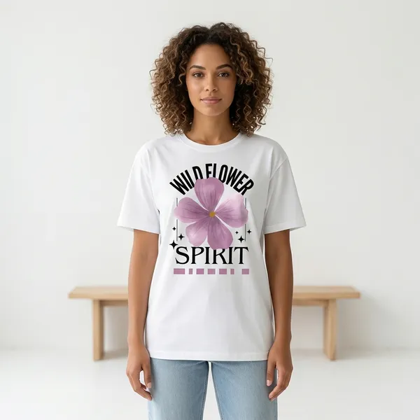 White_Wildflower_Spirit_Graphic_Print_Casual_T-Shirt_For_Women